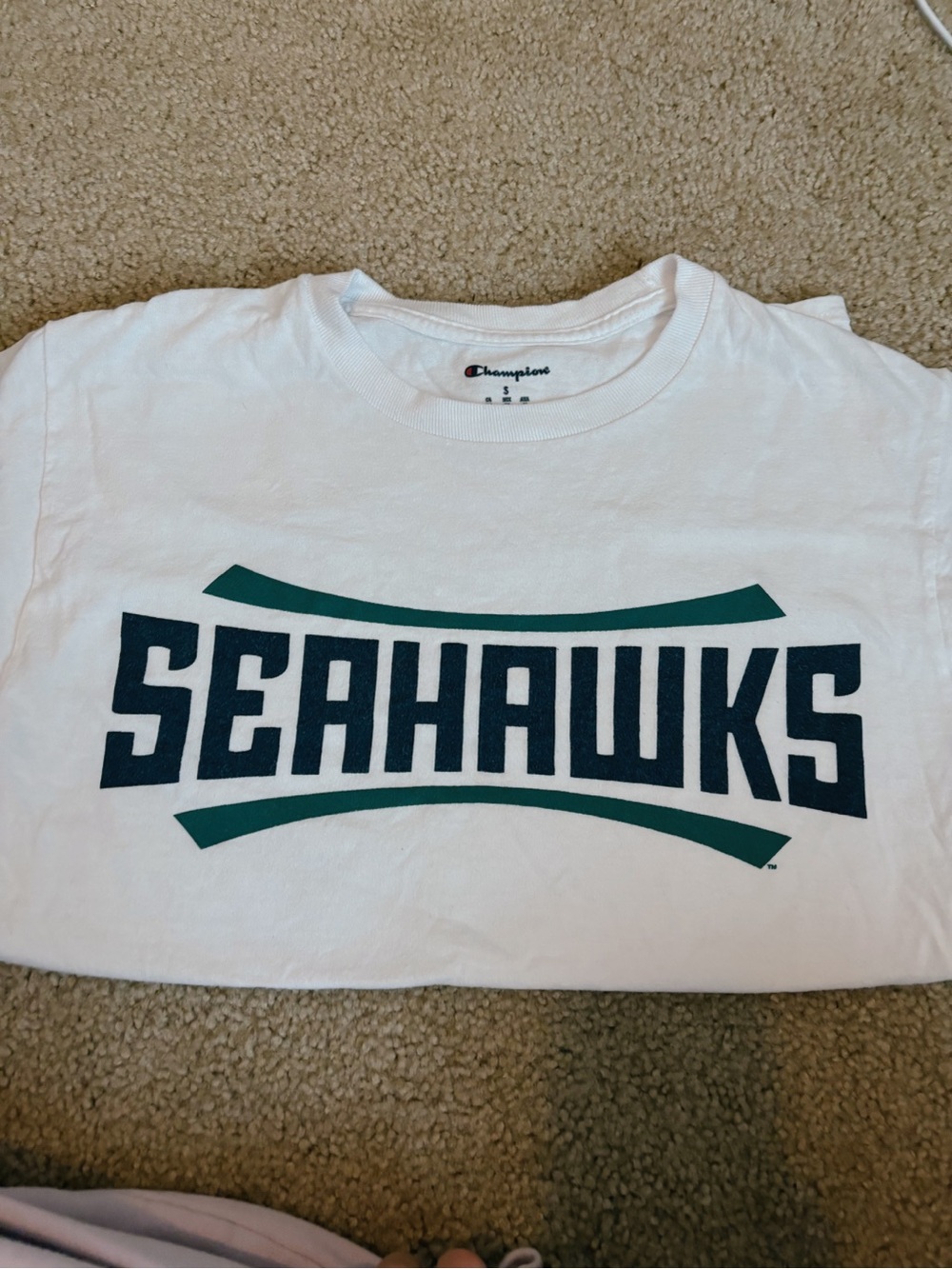 Champion White Seahawks Graphic Tee with Navy and Teal Logo